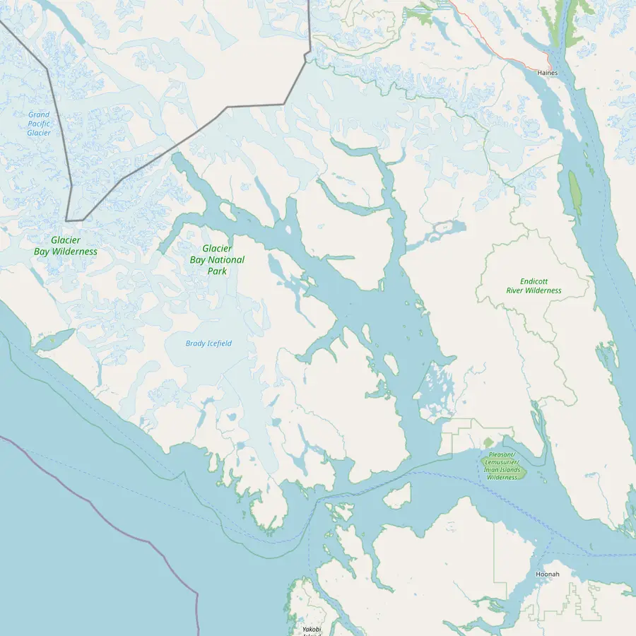 Map of Glacier Bay from Bartlett Cove and Gustavus up the West Arm to Johns Hopkins and Margerie glaciers