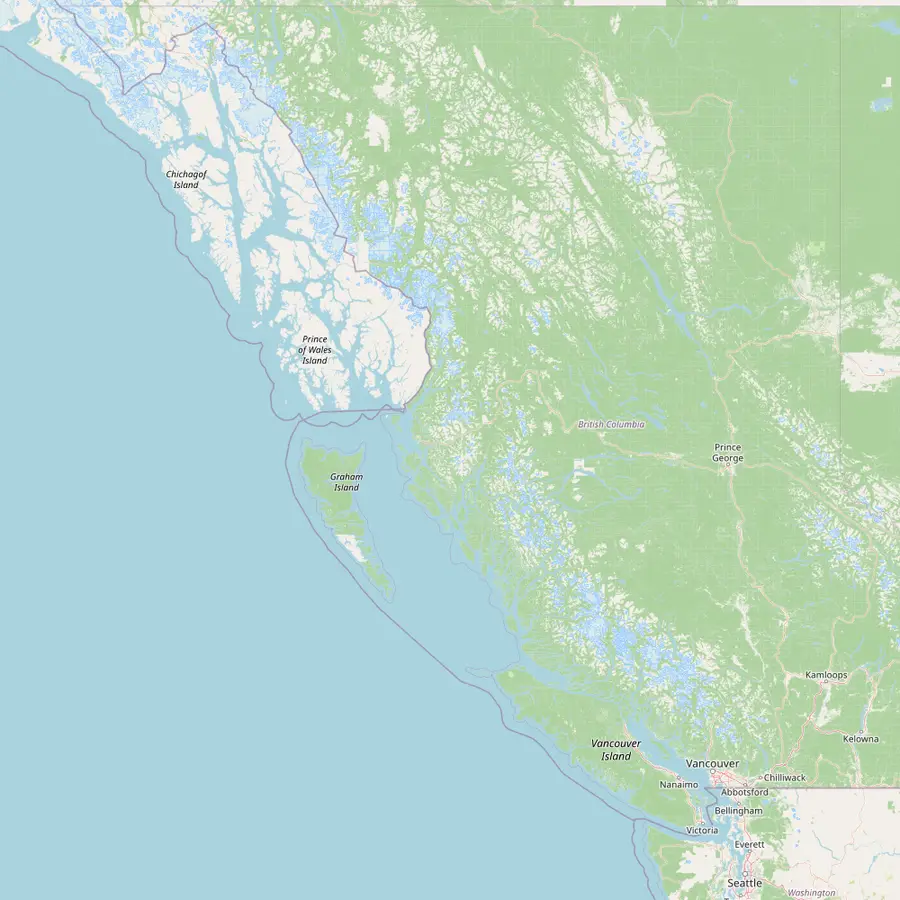 Map of the coast from Vancouver past Vancouver Island and Ketchikan to Juneau and Glacier Bay